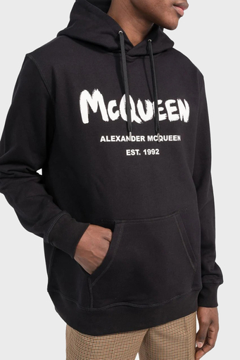 Alexander Mcqueen Baskılı % 100 Pamuk Kapüşonlu Oversize Erkek Sweat 688715QTZ81 0901 SİYAH - 1