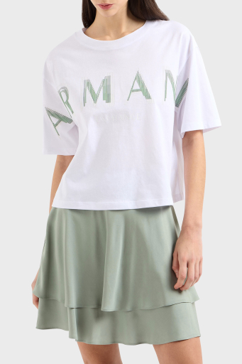 Armani Exchage % 100 Pamuk Cropped Fit Bisiklet Yaka Logolu Bayan T Shirt XW000520 AF10359 U0002 BEYAZ - 1
