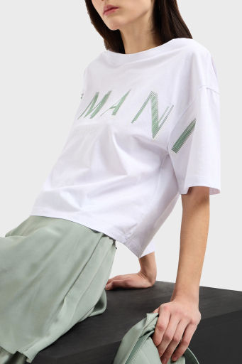 Armani Exchage % 100 Pamuk Cropped Fit Bisiklet Yaka Logolu Bayan T Shirt XW000520 AF10359 U0002 BEYAZ - 4
