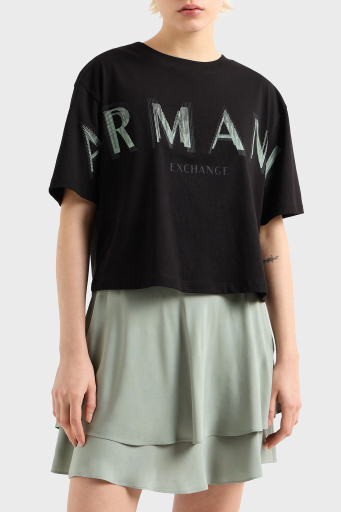 Armani Exchage % 100 Pamuk Cropped Fit Bisiklet Yaka Logolu Bayan T Shirt XW000520 AF10359 UC001 SİYAH - 1