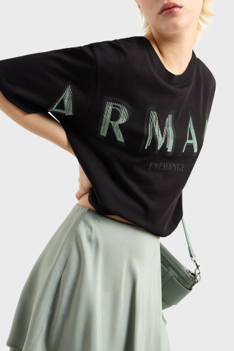 Armani Exchage % 100 Pamuk Cropped Fit Bisiklet Yaka Logolu Bayan T Shirt XW000520 AF10359 UC001 SİYAH - 4