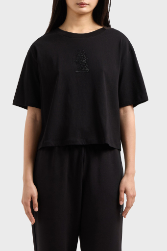 Armani Exchage % 100 Pamuk Cropped Fit Bisiklet Yaka Taşlı Logolu Bayan T Shirt XW000102 AF10359 UC001 SİYAH - 1