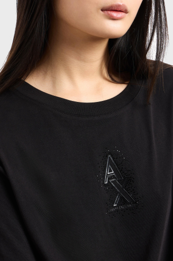 Armani Exchage % 100 Pamuk Cropped Fit Bisiklet Yaka Taşlı Logolu Bayan T Shirt XW000102 AF10359 UC001 SİYAH - 4