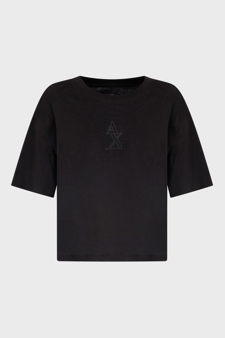 Armani Exchage % 100 Pamuk Cropped Fit Bisiklet Yaka Taşlı Logolu Bayan T Shirt XW000102 AF10359 UC001 SİYAH - 10