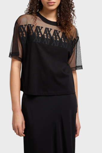 Armani Exchage % 100 Pamuk Cropped Fit Tül Detaylı Bayan T Shirt XW000516 AF10359 UC001 SİYAH - 1