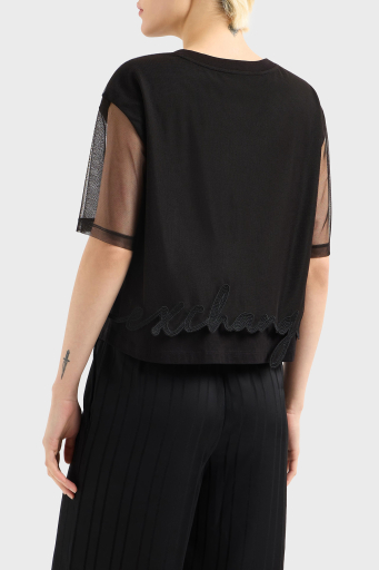 Armani Exchage % 100 Pamuk Regular Fit Tül Detaylı Crop Bayan T Shirt XW000541 AF10359 UC001 SİYAH - 2