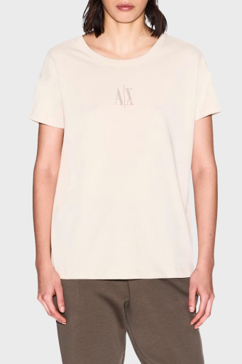 Armani Exchage % 100 Pamuk Relaxed Fit Taşlı Logolu Bayan T Shirt XW000830 AF10356 U1092 KREM - 1