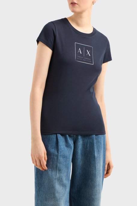 Armani Exchage Logolu % 100 Pamuk Slim Fit Bisiklet Yaka Bayan T Shirt XW000530 AF10359 UB100 LACİVERT - 1