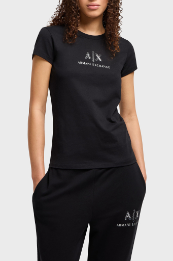 Armani Exchage Taşlı % 100 Pamuk Slim Fit Bisiklet Yaka Bayan T Shirt XW000386 AF10354 UC001 SİYAH - 1