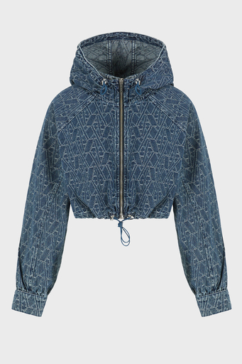 Armani Exchance % 100 Pamuk Tamamı Jakarlı Kapüşonlu Crop Bayan Kot Ceket XW001185 AF12844 FB055 LACİVERT - 1