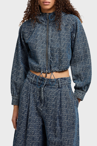 Armani Exchance % 100 Pamuk Tamamı Jakarlı Kapüşonlu Crop Bayan Kot Ceket XW001185 AF12844 FB055 LACİVERT - 4