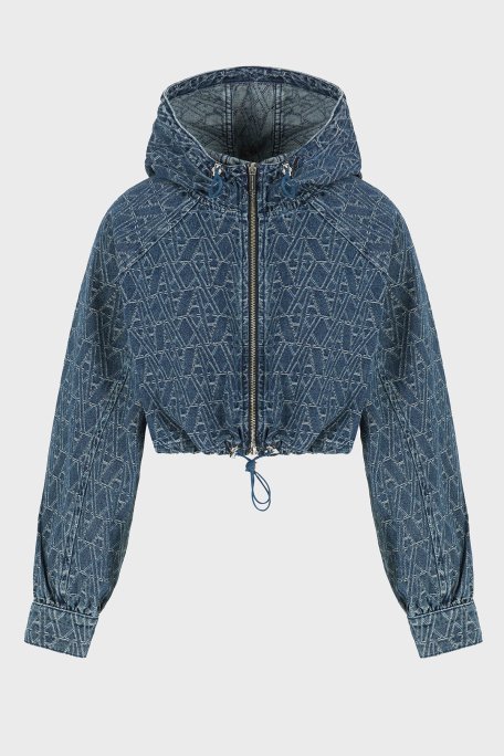 Armani Exchance % 100 Pamuk Tamamı Jakarlı Kapüşonlu Crop Bayan Kot Ceket XW001185 AF12844 FB055 LACİVERT - 1