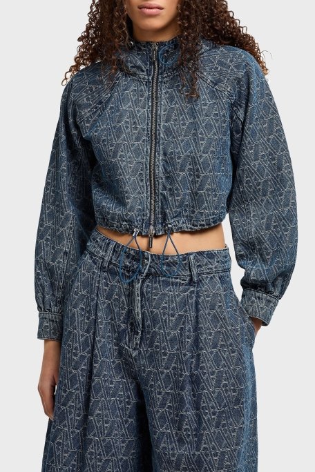 Armani Exchance % 100 Pamuk Tamamı Jakarlı Kapüşonlu Crop Bayan Kot Ceket XW001185 AF12844 FB055 LACİVERT - 4