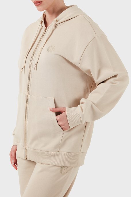 Armani Exchange % 100 Pamuk Relaxed Fit Kapüşonlu Fermuarlı Bayan Sweat XW000318 AF12217 U1095 BEJ - 4