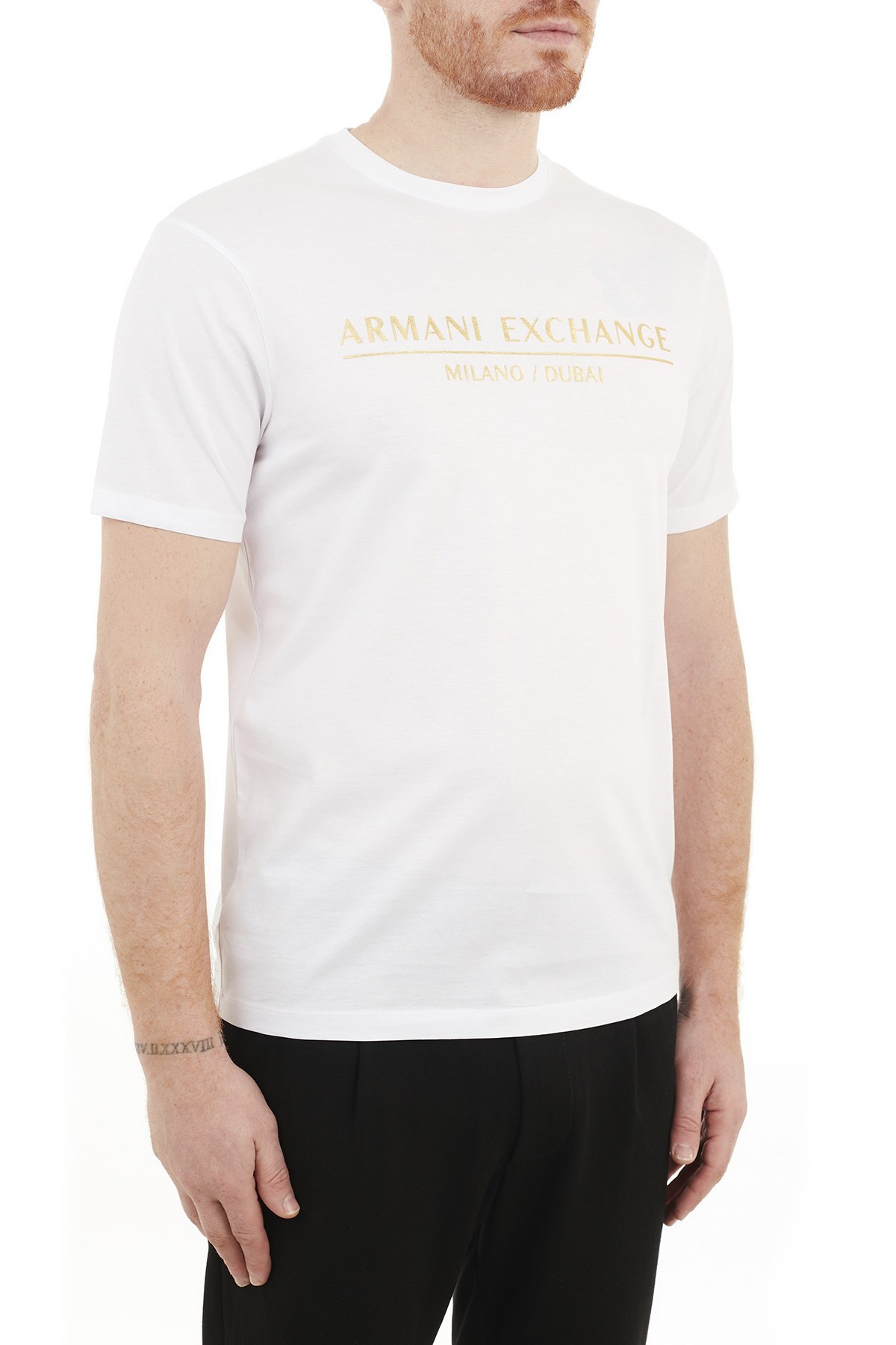 Armani Exchange % 100 Pamuklu Bisiklet Yaka Erkek T Shirt 3KZTEB ZJ9AZ 1100 BEYAZ