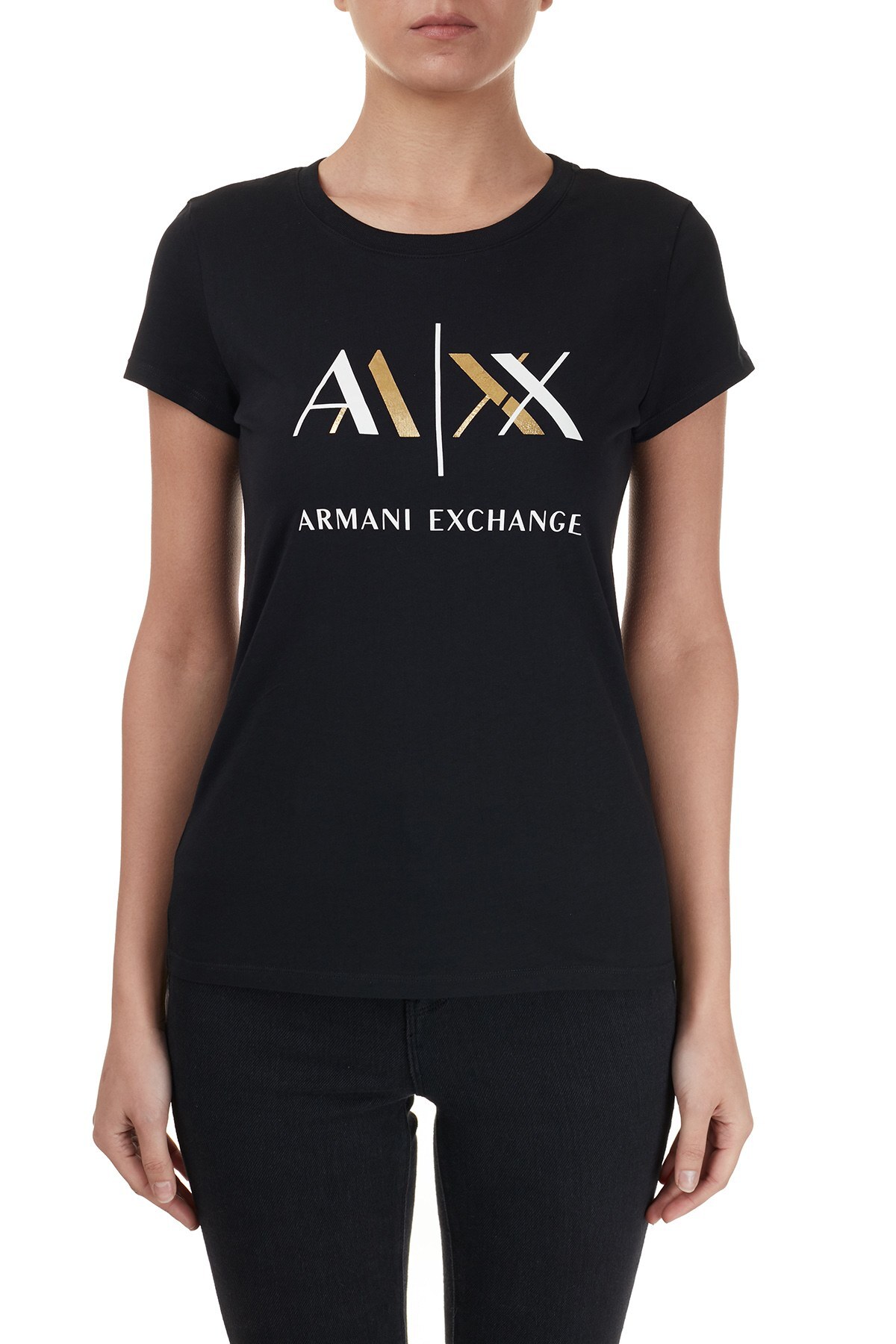 Armani Exchange Baskılı Bisiklet Yaka % 100 Pamuk Bayan T Shirt 6HYTAH YJ73Z 1200 SİYAH