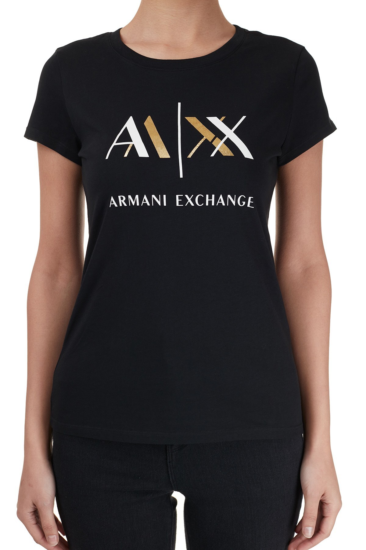 Armani Exchange Baskılı Bisiklet Yaka % 100 Pamuk Bayan T Shirt 6HYTAH YJ73Z 1200 SİYAH