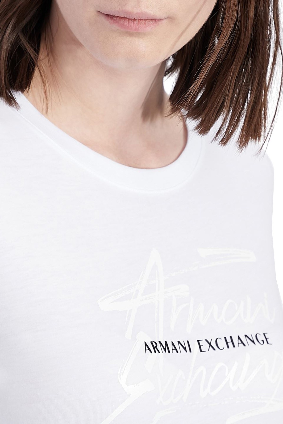 Armani Exchange % 100 Pamuk Bisiklet Yaka Slim Fit Bayan T Shirt 3KYTKR YJ16Z 1000 BEYAZ