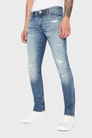 Armani Exchange - Armani Exchange J14 Yırtık Detaylı Normal Bel Skinny Fit Jeans Erkek Kot Pantolon 3LZJ14 Z1PPZ 1500 İNDİGO