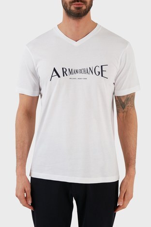 Armani Exchange - Armani Exchange Logolu Regular Fit V Yaka Pamuklu Jarse Erkek T Shirt 3LZTBP ZJ5LZ 1100 BEYAZ