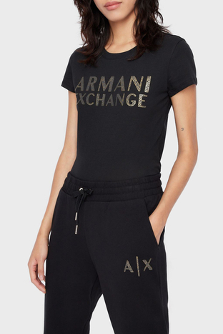 Armani Exchange - Armani Exchange Logolu Slim Fit Bisiklet Yaka % 100 Pamuk Bayan T Shirt 6LYT12 YJ6QZ 1200 SİYAH