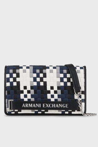Armani Exchange - Armani Exchange Logolu Zincir Askılı Bayan Çanta 942779 2R714 19135 Siyah-Beyaz-Lacivert