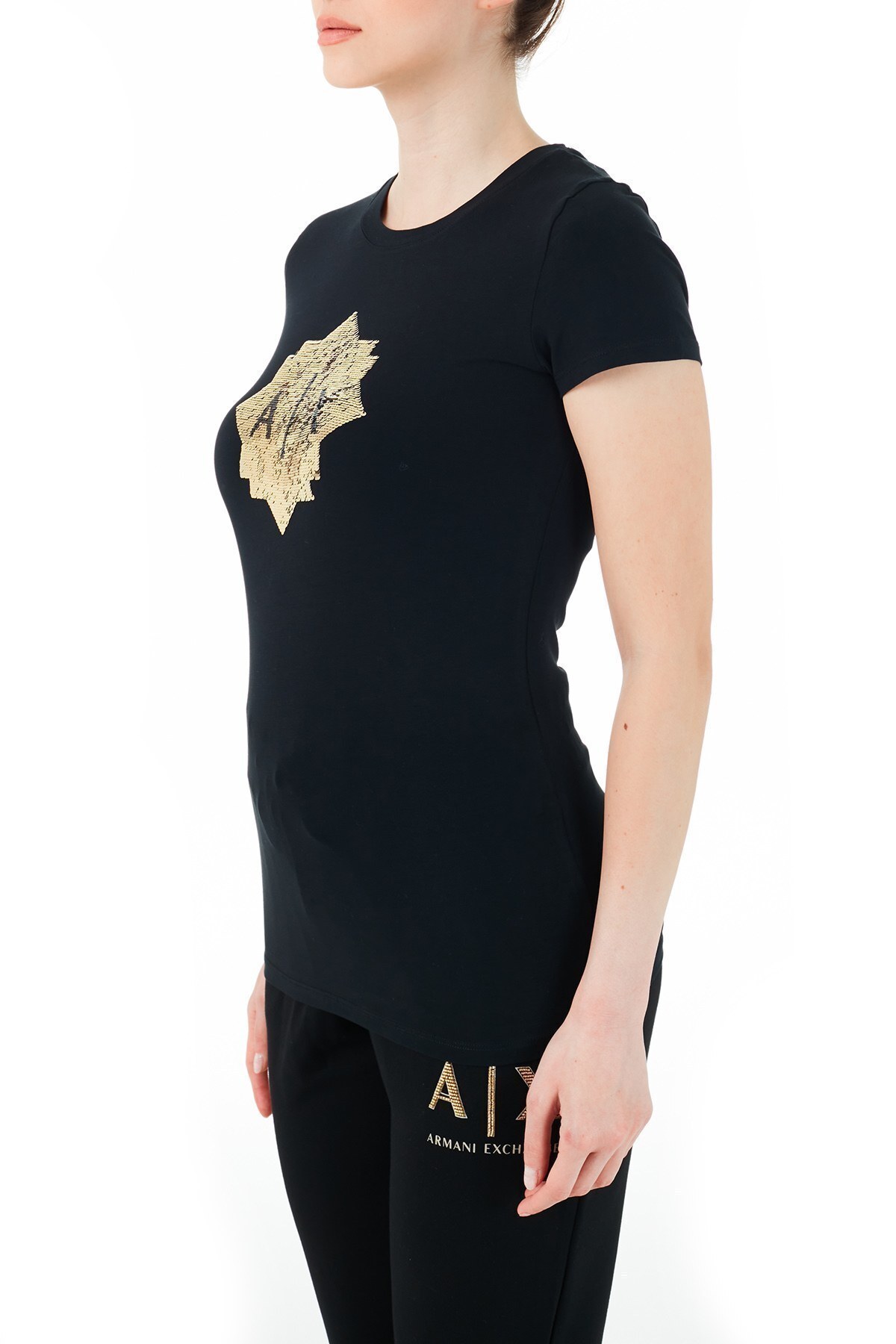 Armani Exchange Pamuklu Payet Detaylı Slim Fit Bayan T Shirt 3KYTRB YJC7Z 1200 SİYAH
