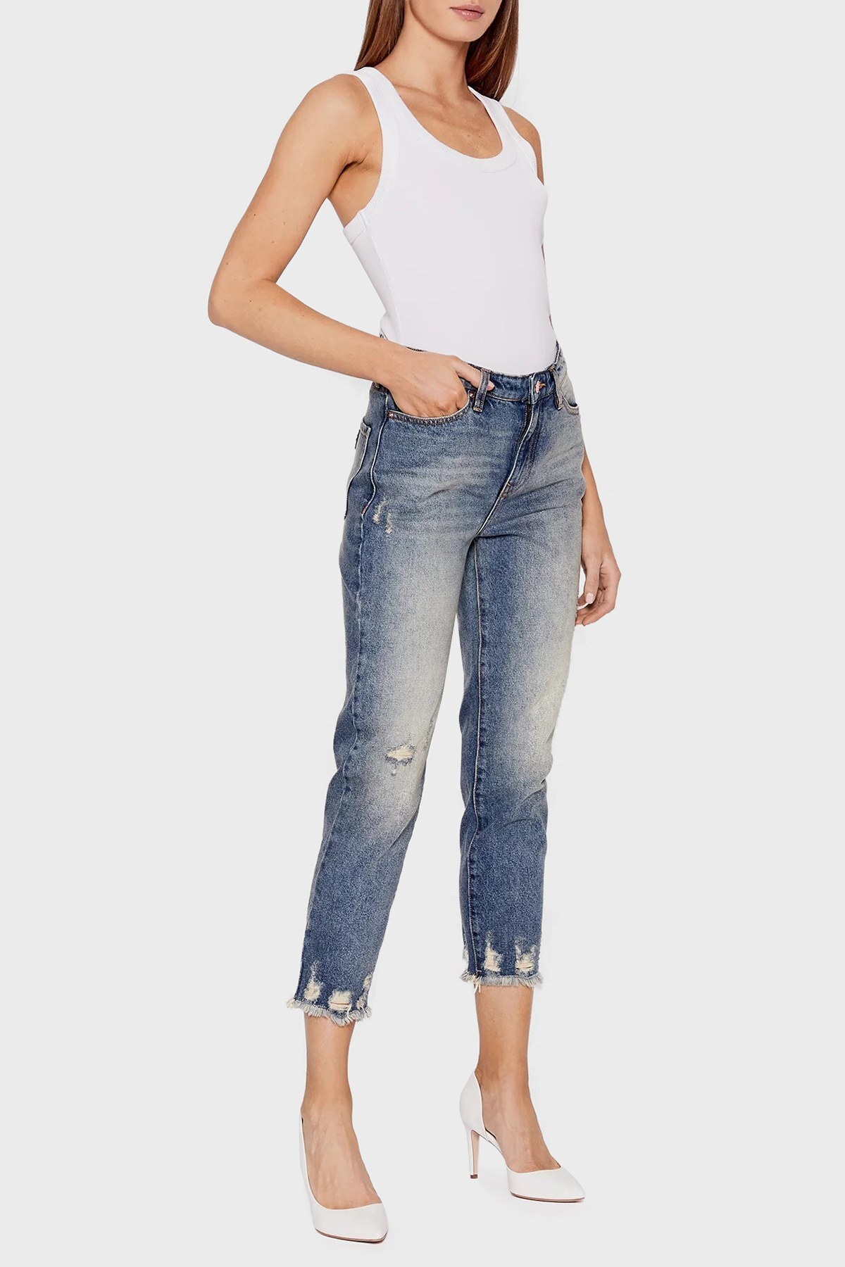 Armani Exchange Pamuklu Yırtık Detaylı Yüksek Bel Boyfriend Jeans Bayan Kot Pantolon 3LYJ16 Y1SHZ 1500 İNDİGO