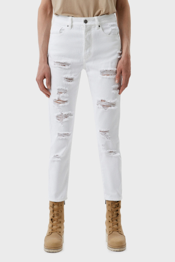 Armani Exchange Pamuklu Yüksek Bel Slim Fit Yırtık Detaylı J51 Jeans Bayan Kot Pantolon 3RYJ51 Y1HRZ 1100 BEYAZ - 5