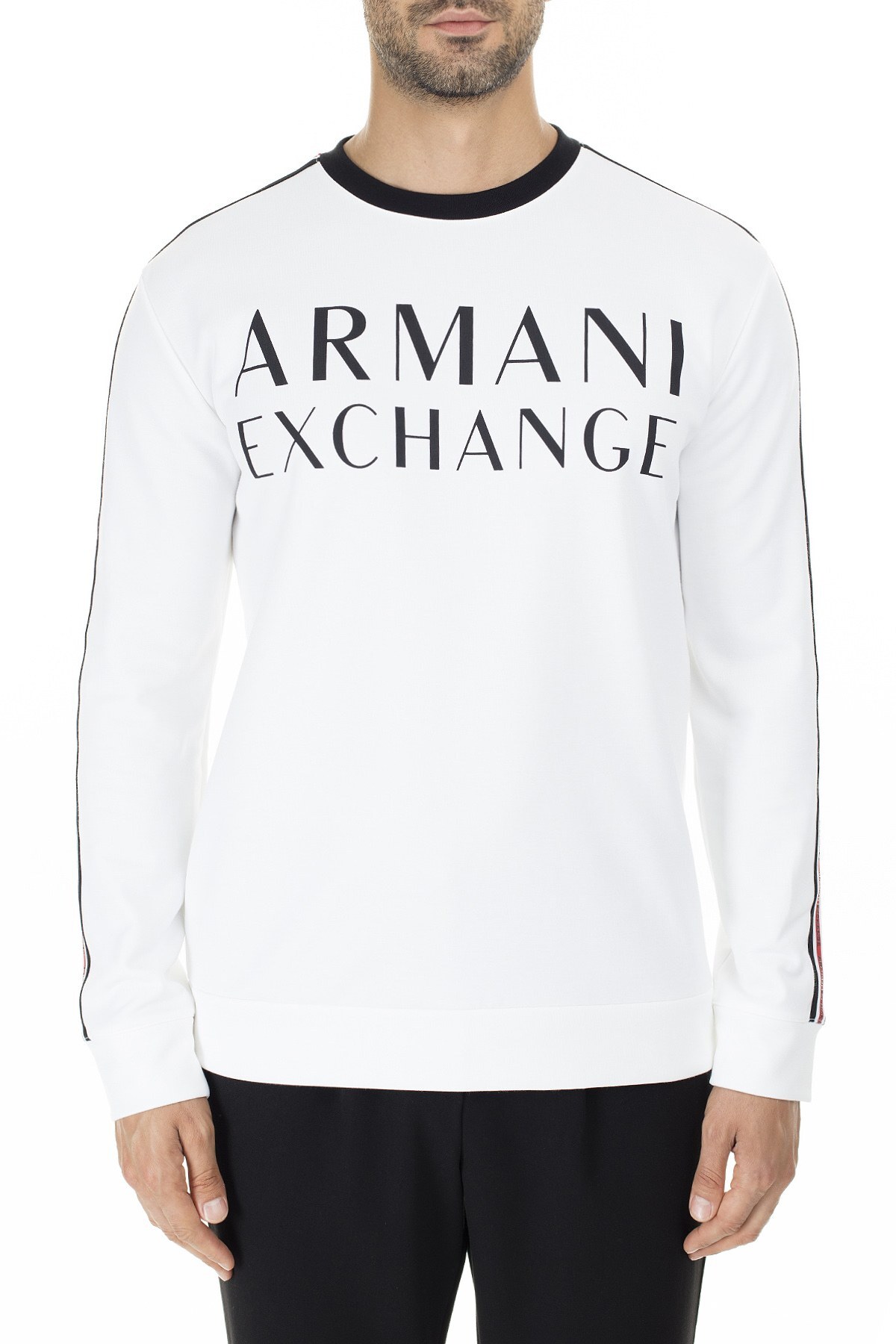 Armani Exchange Şeritli Sıfır Yaka Erkek Sweat 6GZM97 ZJ4DZ 1100 BEYAZ