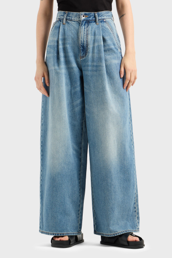 Armani Exchange Wide Leg Yüksek Bel Bol Paça Pileli Jeans Bayan Kot Pantolon XW000073 AF12851 MB003 AÇIK MAVİ - 3