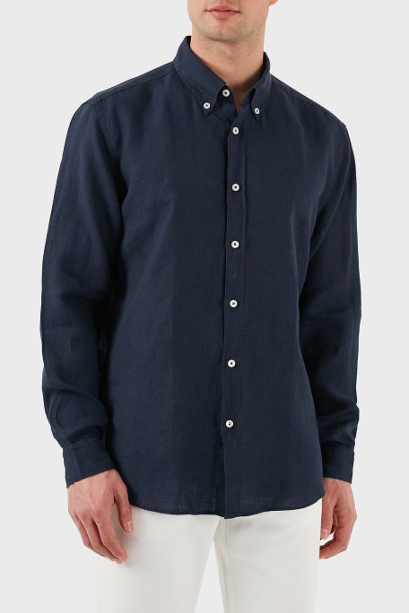 Boss % 100 Keten Regular Fit Düğmeli Yaka Logolu Erkek Gömlek 50520283 404 LACİVERT - 1