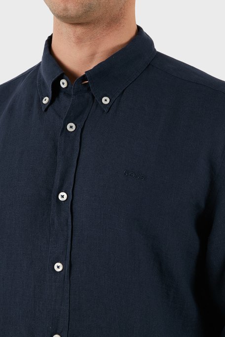 Boss % 100 Keten Regular Fit Düğmeli Yaka Logolu Erkek Gömlek 50520283 404 LACİVERT - 5