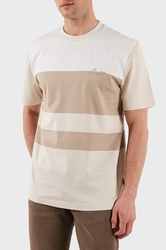 Boss % 100 Pamuk Regular Fit Bisiklet Yaka Geniş Çizgili Logolu Erkek T Shirt 50531381 275 BEJ - 1
