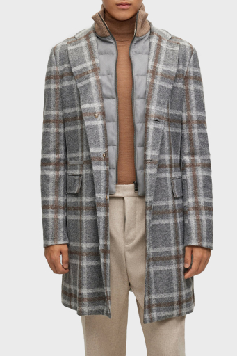 Boss Ekoseli Fermuarlı İç Yelekli Yün Karışımlı Slim Fit Erkek Kaban 50502260 030 GRİ - 9