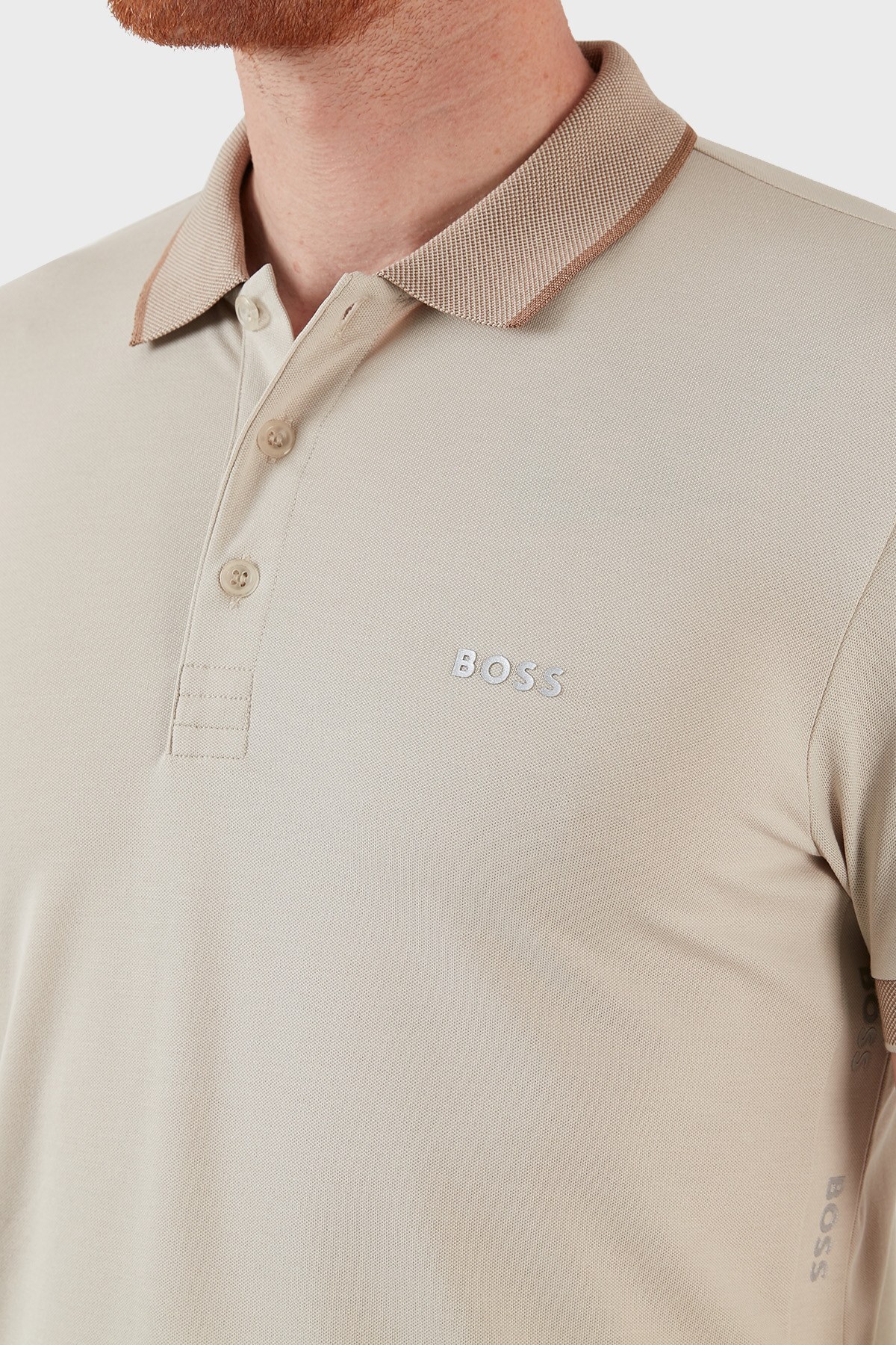 Boss Kontrast Şeritli Pamuklu Slim Fit T Shirt Erkek Polo 50466442 271 BEJ