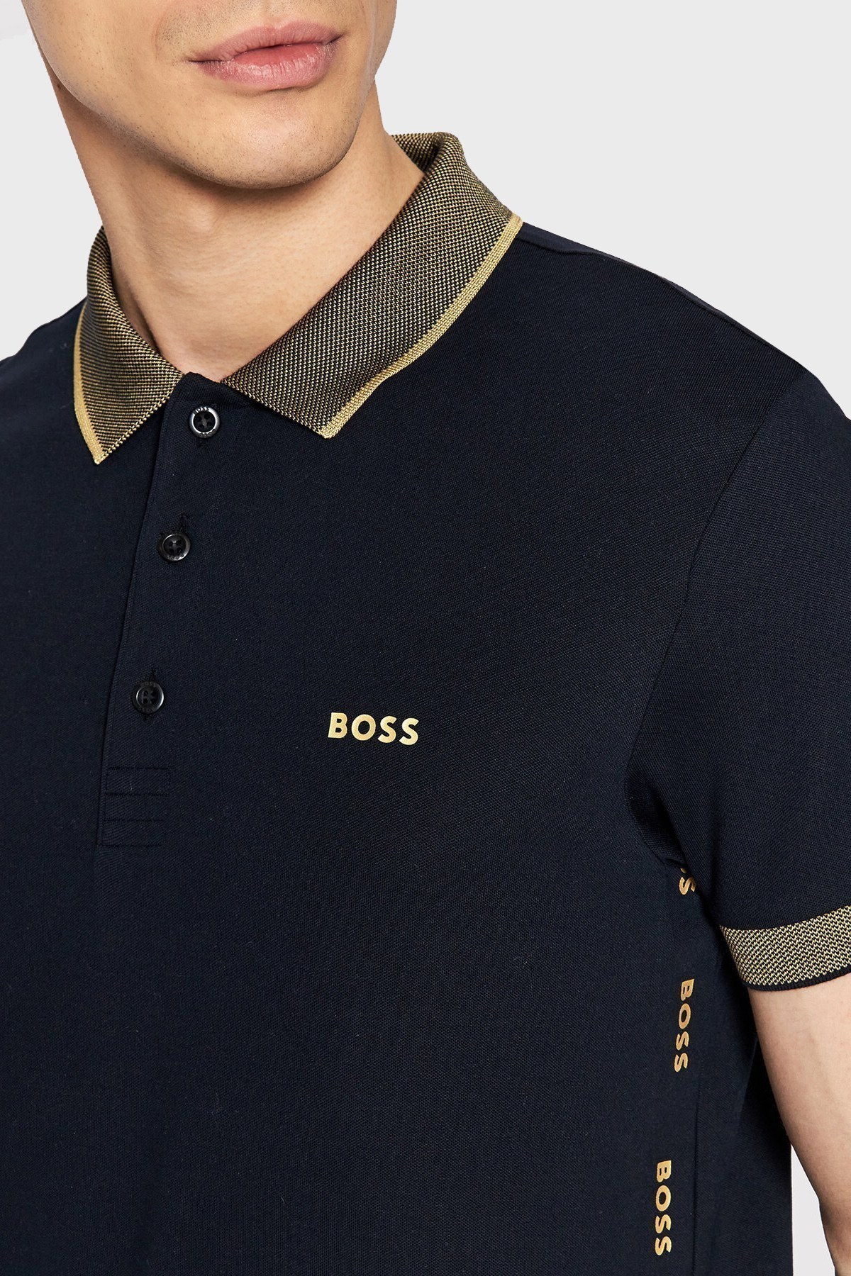 Boss Kontrast Şeritli Pamuklu Slim Fit T Shirt Erkek Polo 50466442 402 LACİVERT