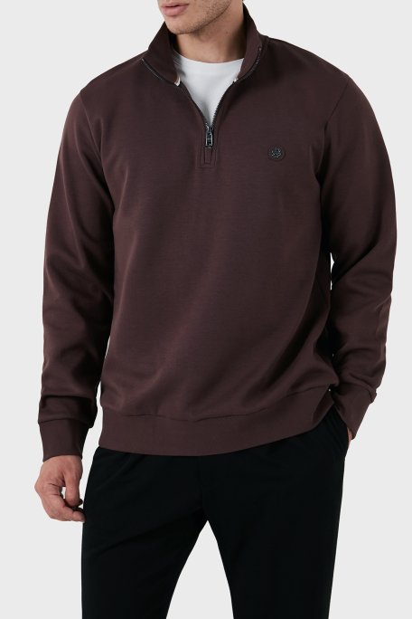 Boss Pamuklu Yarım Fermuarlı Dik Yaka Erkek Sweat 50520781 642 KAHVE - 4