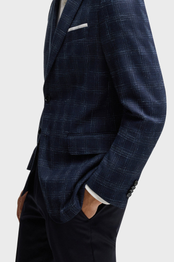 Boss Yün Karışımlı Slim Fit Mono Yaka Kareli Klasik Erkek Ceket 50535057 404 LACİVERT - 5