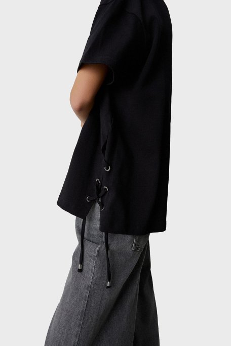 BSB Metalik ve Bağlama Detaylı Pamuklu Oversize Fit Bisiklet Yaka Bayan Bluz 053-210049.080 SİYAH - 4