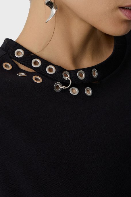 BSB Metalik ve Bağlama Detaylı Pamuklu Oversize Fit Bisiklet Yaka Bayan Bluz 053-210049.080 SİYAH - 5