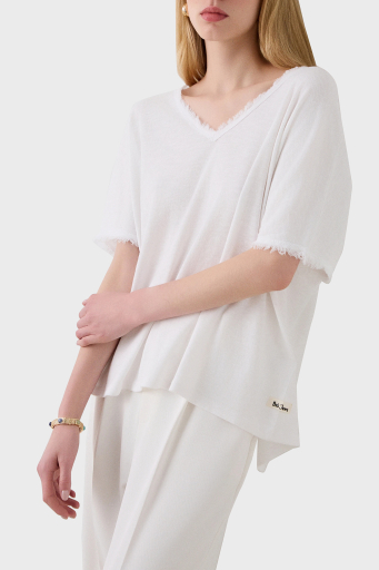 BSB Pamuk Karışımlı Oversize V Yaka Bayan Bluz 053-210132.002 BEYAZ - 8