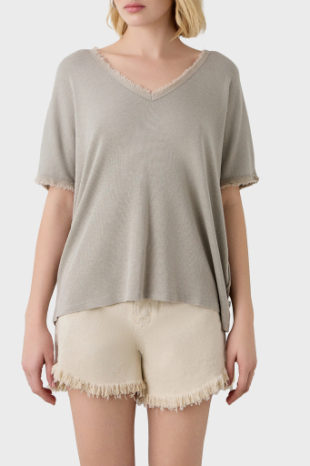 BSB Pamuk Karışımlı Oversize V Yaka Bayan Bluz 053-210132.131 BEJ - 6