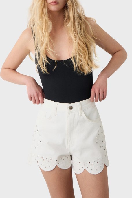 BSB Pamuklu Taş Detaylı Regular Fit Yüksek Bel Mini Kot Bayan Short 053-241803.002 BEYAZ - 1