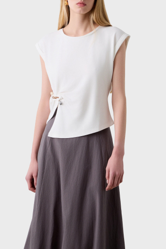 BSB Streç Relaxed Fit Asimetrik Kesim Aksesuar Detaylı Bisiklet Yaka Bayan Bluz 053-210076.004 EKRU - 1