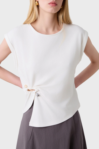 BSB Streç Relaxed Fit Asimetrik Kesim Aksesuar Detaylı Bisiklet Yaka Bayan Bluz 053-210076.004 EKRU - 11