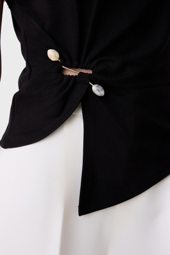 BSB Streç Relaxed Fit Asimetrik Kesim Aksesuar Detaylı Bisiklet Yaka Bayan Bluz 053-210076.080 SİYAH - 7