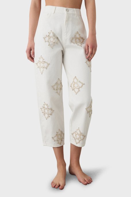 BSB Taşlı % 100 Pamuk Slim Fit Yüksk Bel Boru Paça Bayan Pantolon 053-212835.004 EKRU - 2