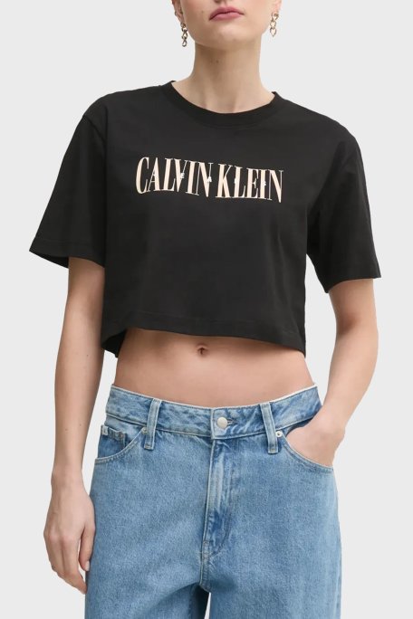 Calvin Klein Baskılı Pamuklu Oversize Fit Yuvarlak Yaka Crop J20J225578BEH Bayan T Shirt J20J225578 BEH SİYAH - 1