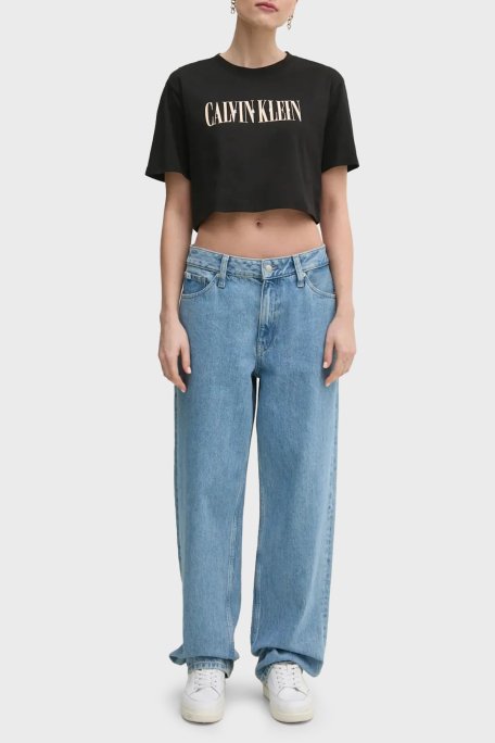 Calvin Klein Baskılı Pamuklu Oversize Fit Yuvarlak Yaka Crop J20J225578BEH Bayan T Shirt J20J225578 BEH SİYAH - 2